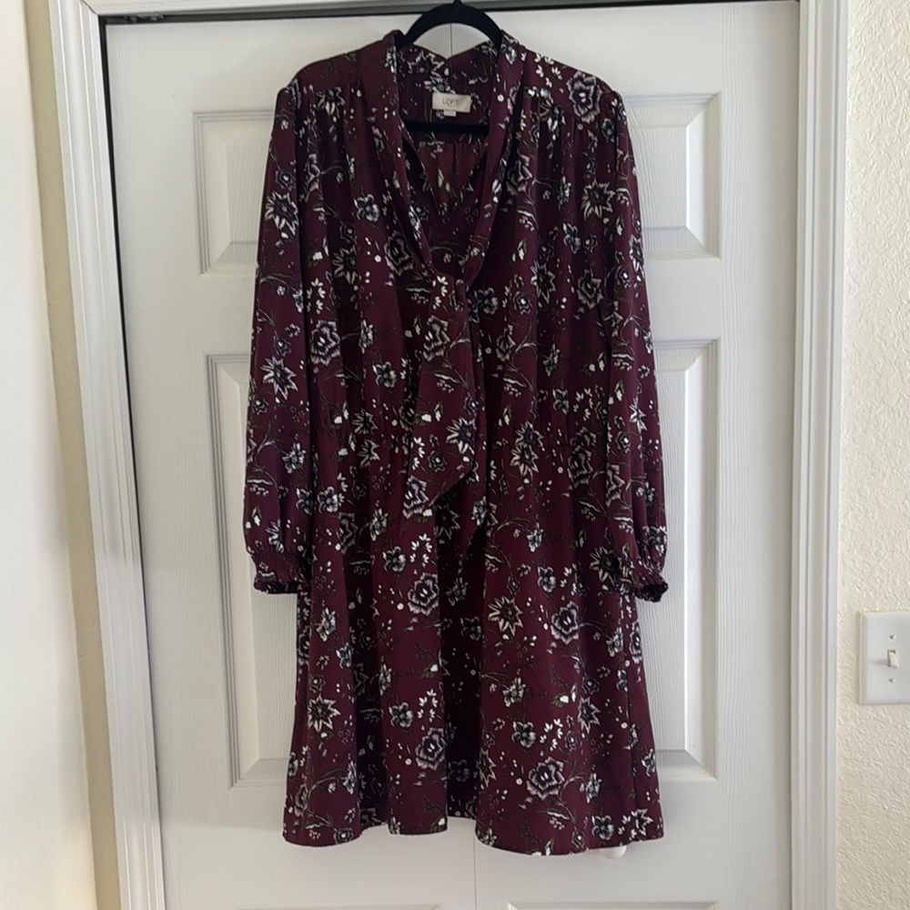 LOFT Burgundy Floral Long Sleeve Dress